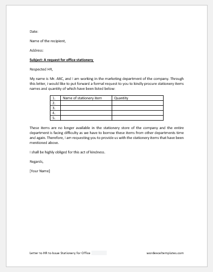 Letter to HR to Issue Stationery for Office