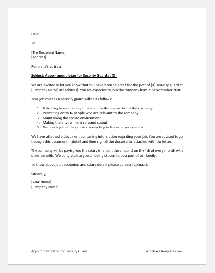 Appointment Letter for Security Guard