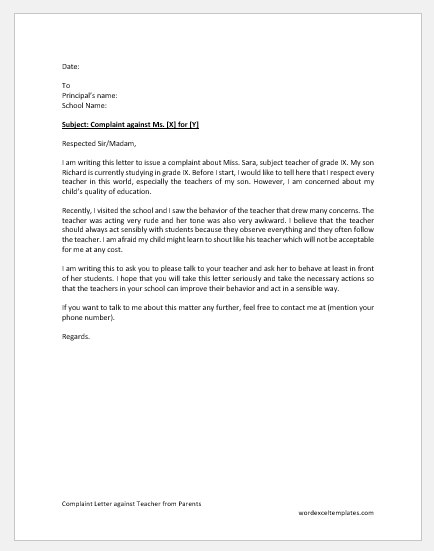 Complaint Letter against Teacher from Parents