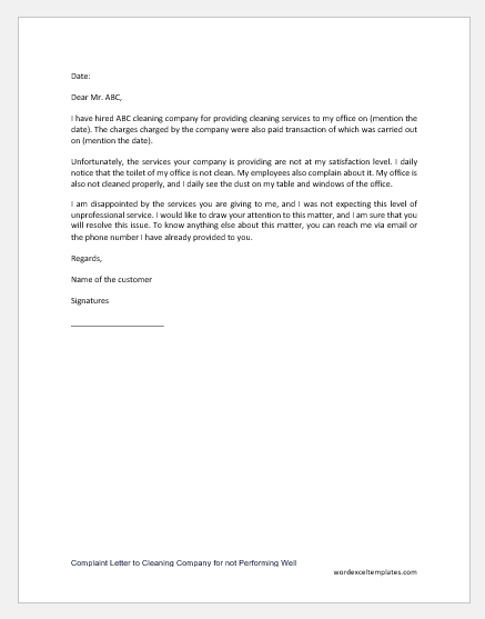 Complaint Letter to Cleaning Company for not Performing Well
