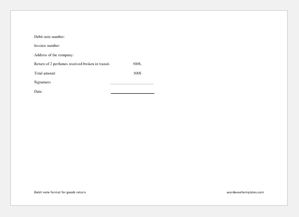 Debit note format for goods return