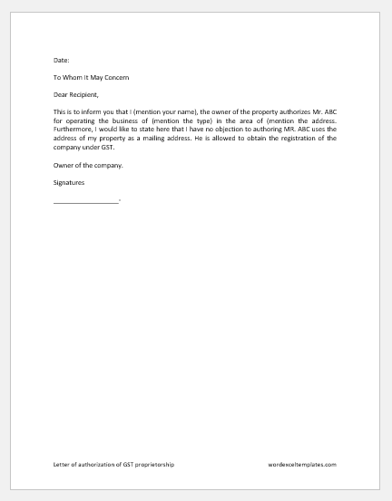 Letter of authorization of GST proprietorship