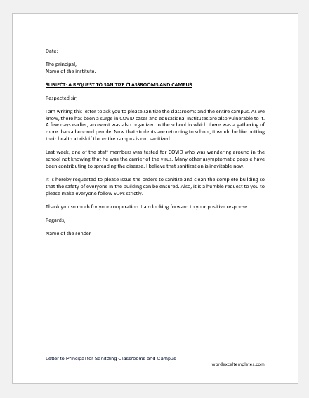 Letter to Principal for Sanitizing Classrooms and Campus