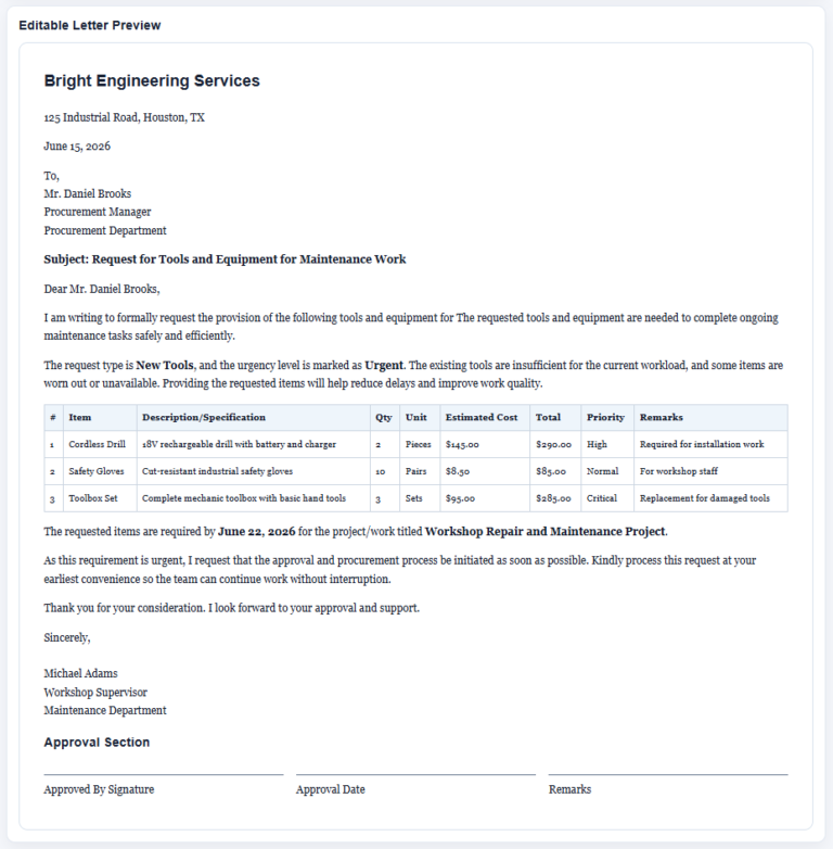 Request Letter for Tools and Equipment