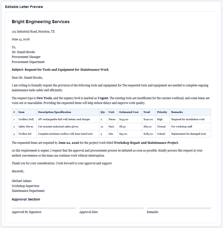Request Letter for Tools and Equipment