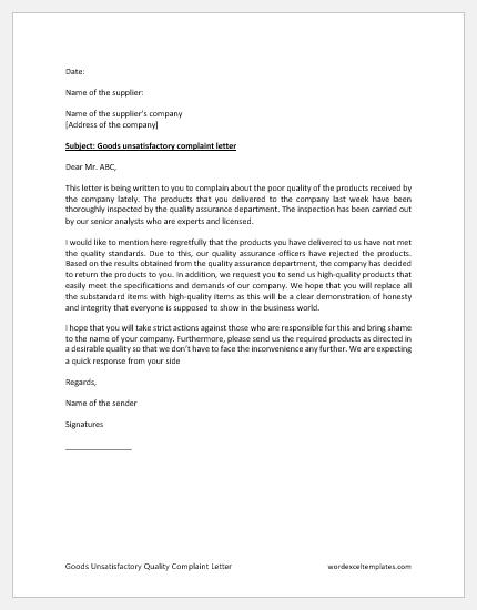 Goods Unsatisfactory Quality Complaint Letter