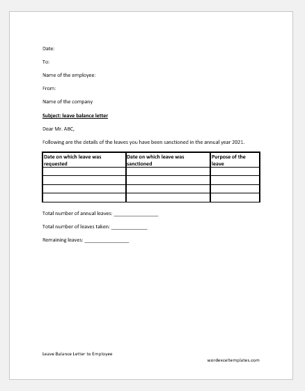 Leave Balance Letter to Employee