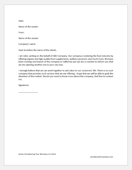 Letter Introducing Your Business to Client