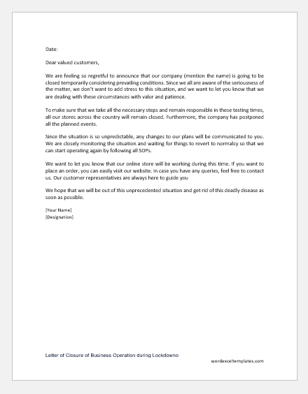 Letter of Closure of Business Operation during Lockdown