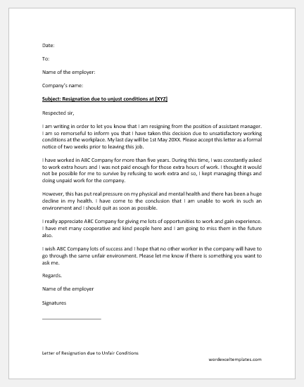 Letter of Resignation due to Unfair Conditions