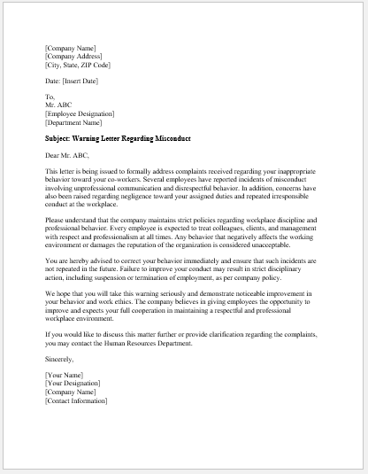 Letter to Employee regarding Misconduct