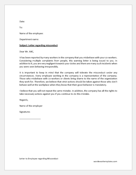 Letter to Employee regarding Misconduct