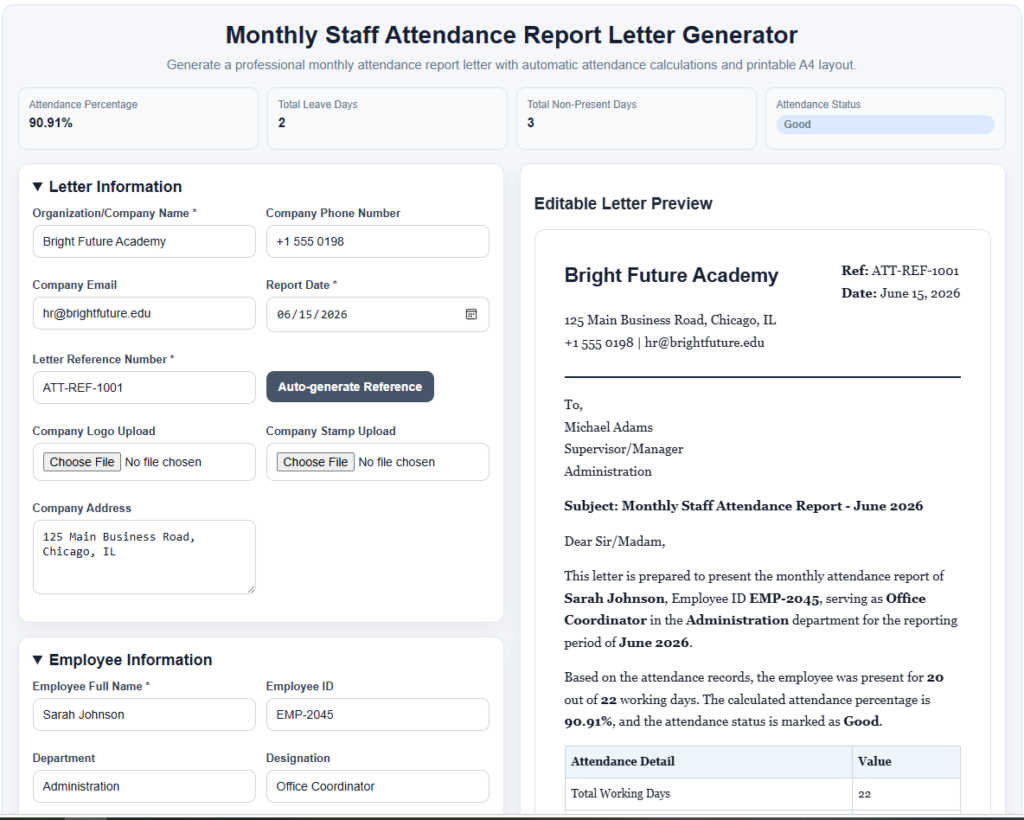 Monthly Staff Attendance Report Letter