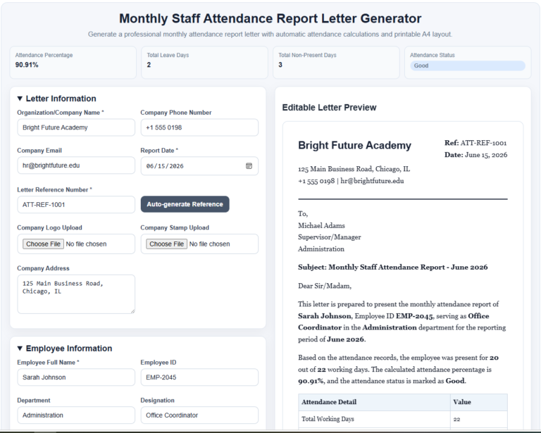 Monthly Staff Attendance Report Letter