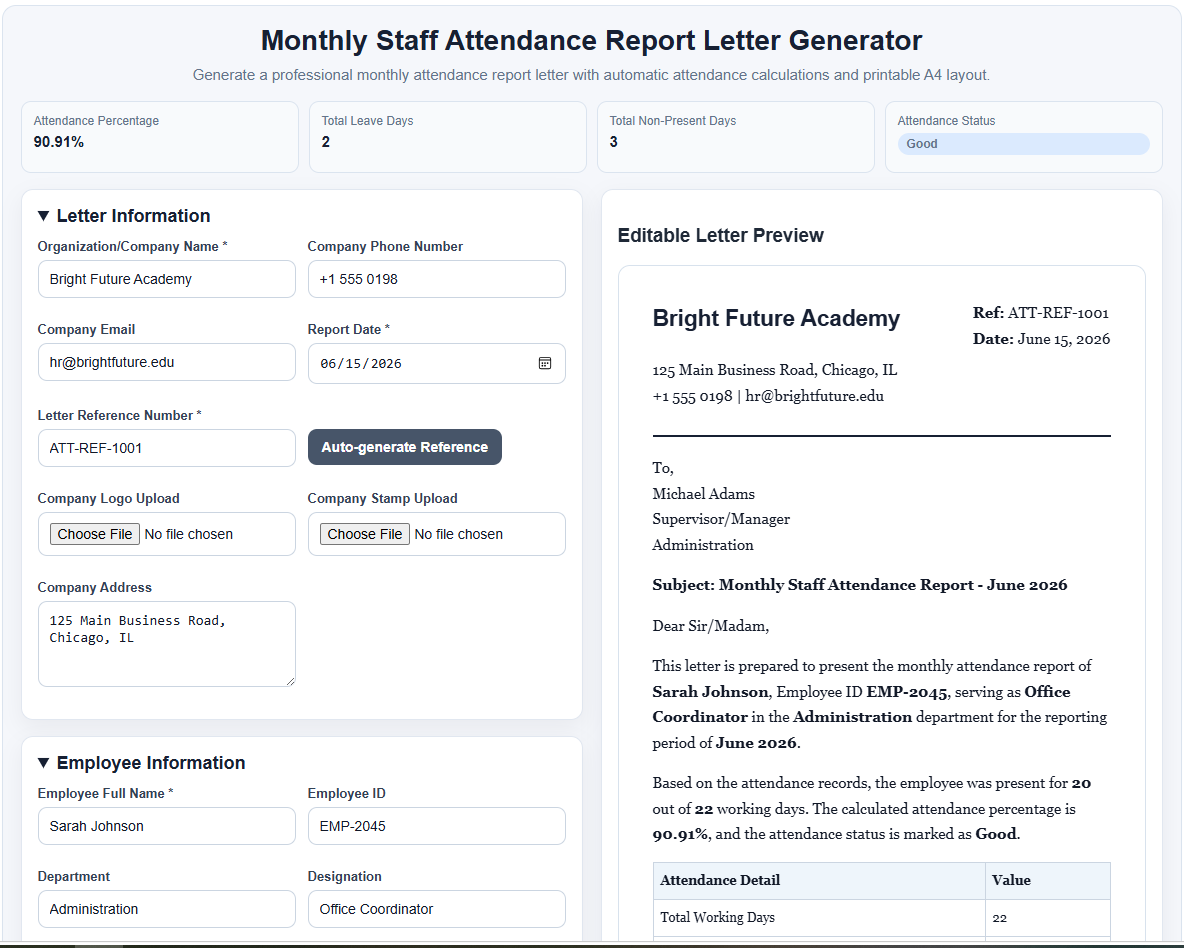 Monthly Staff Attendance Report Letter