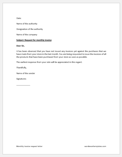 Monthly invoice request letter