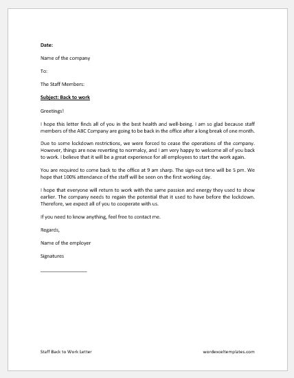 Staff Back to Work Letter
