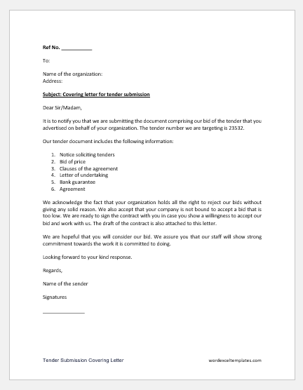 construction tender cover letter sample