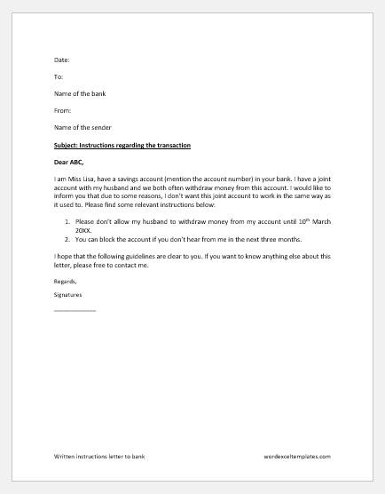 Written instructions letter to bank