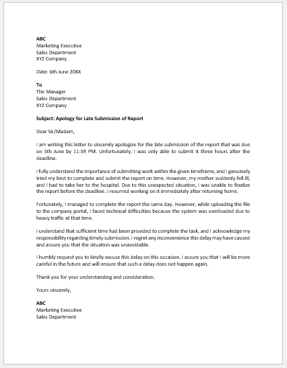 Apology Letter for Being Late in Submission