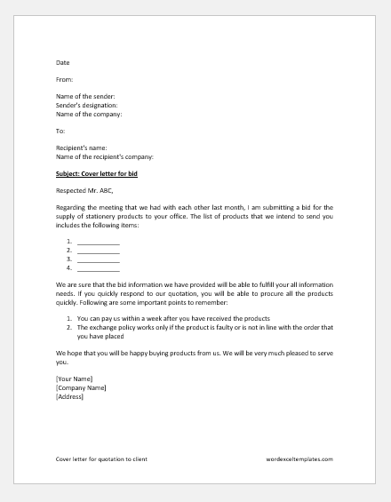 Cover letter for quotation to client
