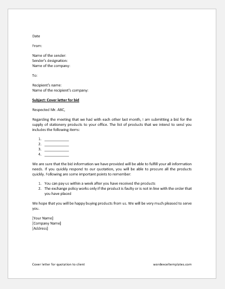 sample cover letter for quotation submission