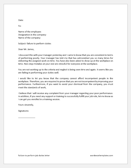 Failure to perform job duties letter