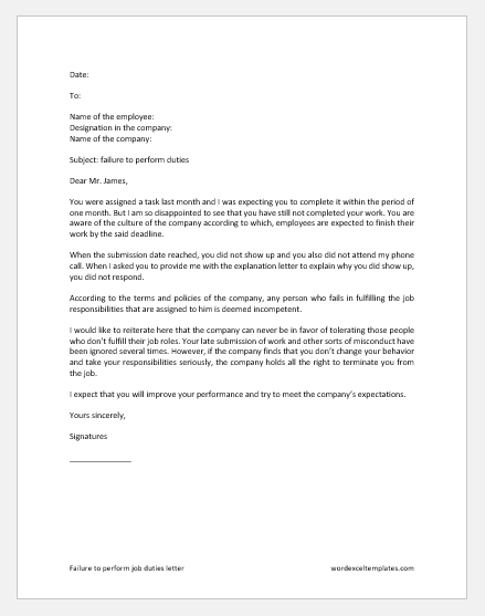 Failure to perform job duties letter