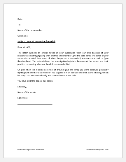 Letter of Suspension from Club