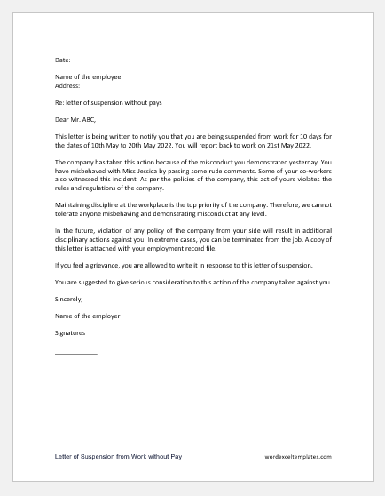 Letter of Suspension from Work without Pay