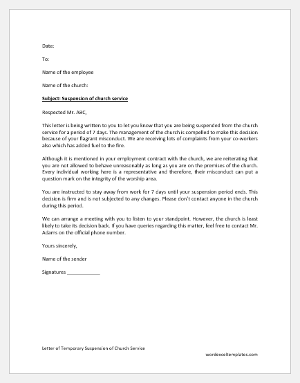 Letter of Temporary Suspension of Church Service