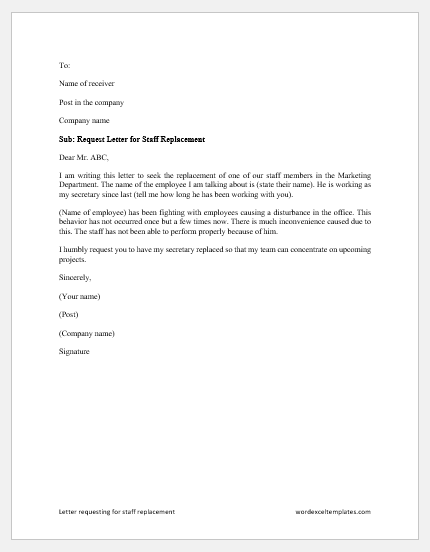 Letter requesting for staff replacement