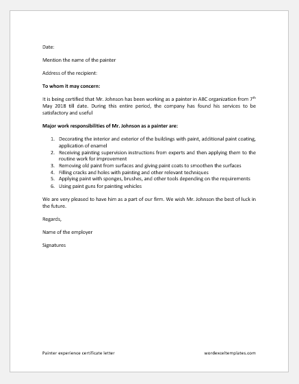 Painter experience certificate letter