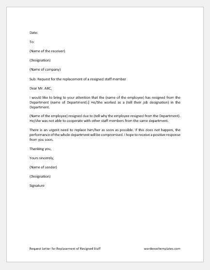Request Letter for Replacement of Resigned Staff
