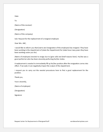 Request Letter for Replacement of Resigned Staff