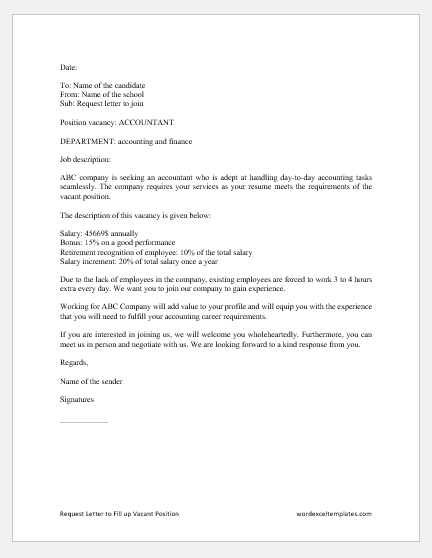 Request Letter to Fill up Vacant Position