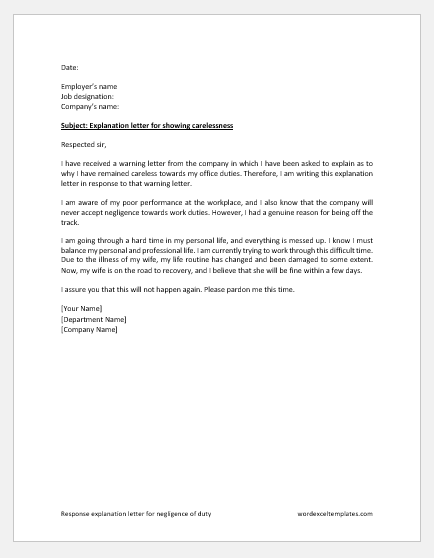 Response Explanation Letter for Negligence of Duty
