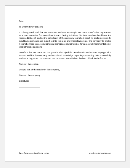 Sales Experience Certificate Letter Template