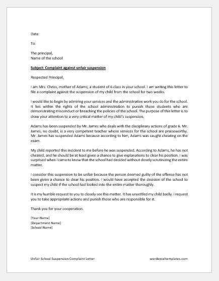 Unfair School Suspension Complaint Letter