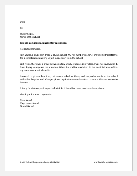 Unfair School Suspension Complaint Letter