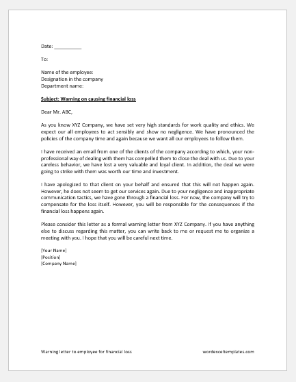 Warning letter to employee for financial loss