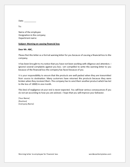 Warning letter to employee for financial loss