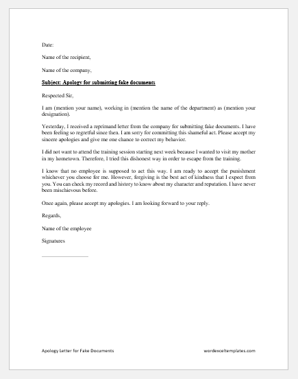 Apology letter for fake documents