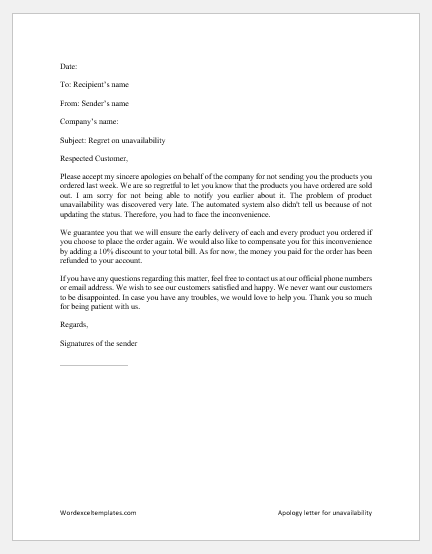 Apology letter for unavailability