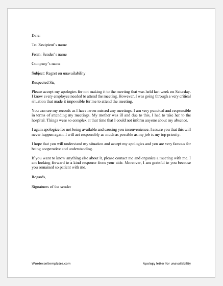 Apology letter for unavailability