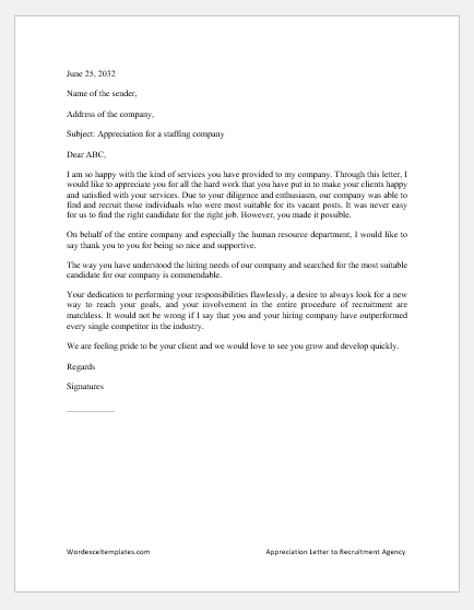 Appreciation Letter to Recruitment Agency ﻿