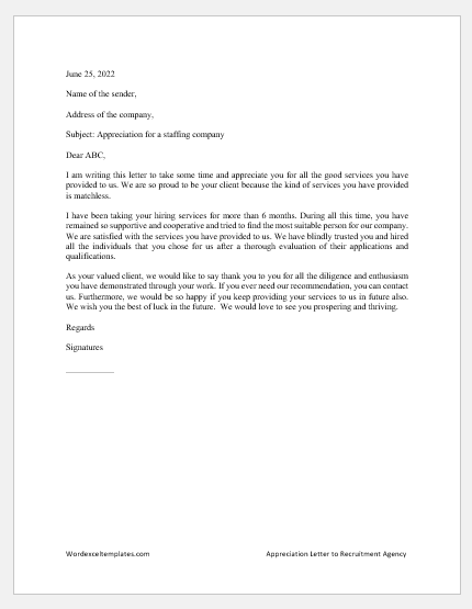 Appreciation Letter to Recruitment Agency ﻿