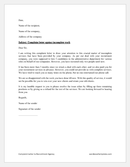 Complaint Letter to Recruitment Agency
