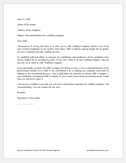 Recommendation Letter for Recruitment Agency