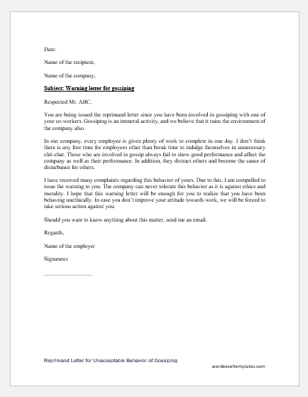 Reprimand Letter for Unacceptable Behavior of Gossiping